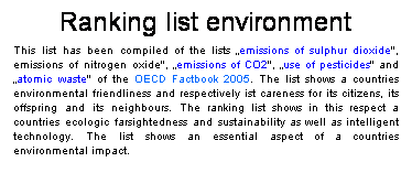 Textfeld: Ranking list environment
This list has been compiled of the lists emissions of sulphur dioxide", emissions of nitrogen oxide", emissions of CO2", use of pesticides" and atomic waste" of the OECD Factbook 2005. The list shows a countries environmental friendliness and respectively ist careness for its citizens, its offspring and its neighbours. The ranking list shows in this respect a countries ecologic farsightedness and sustainability as well as intelligent technology. The list shows an essential aspect of a countries environmental impact.
